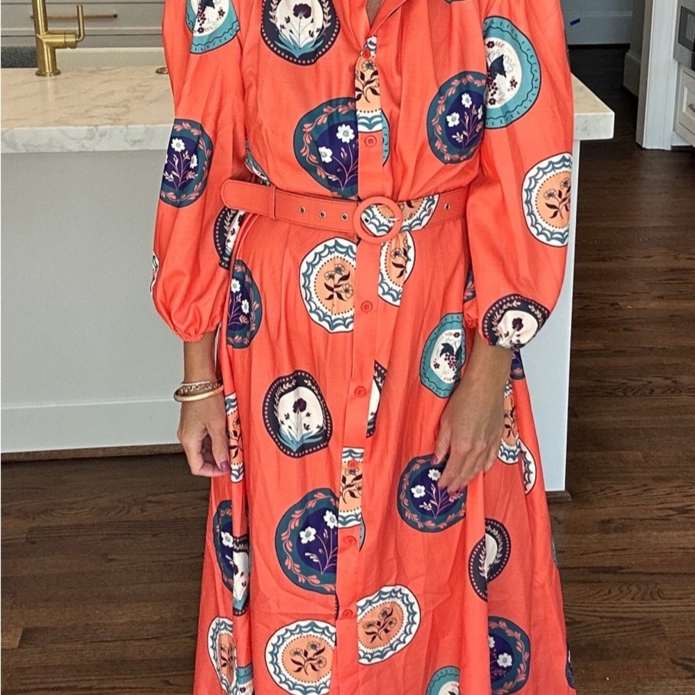 Chic Orange Patterned Midi Dress